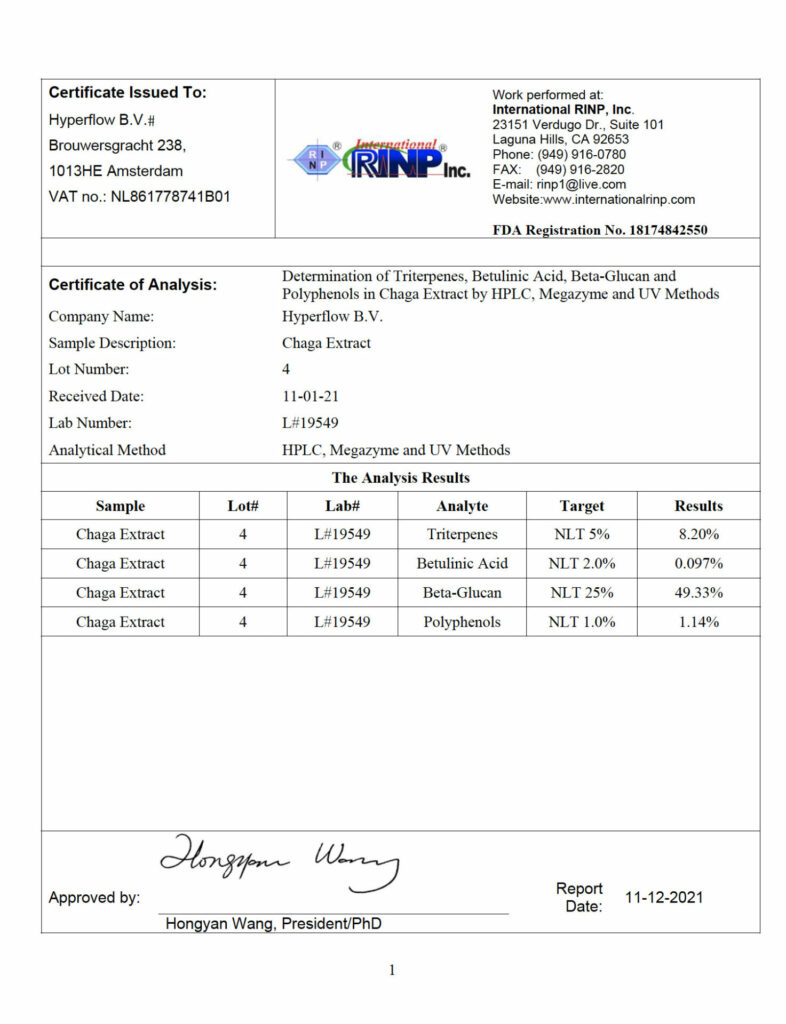 Chaga Test Results